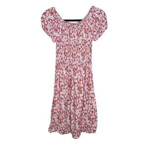 Sweet & Girl Pink Floral Midi Dress Women M Smocked Bodice Ruched Sleeve Spring